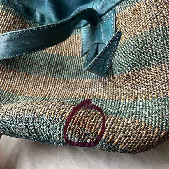 Vintage Woven Sisal &‎ Leather Bucket Bag Teal Blue Boho Beach Market Tote - Picture 7 of 9